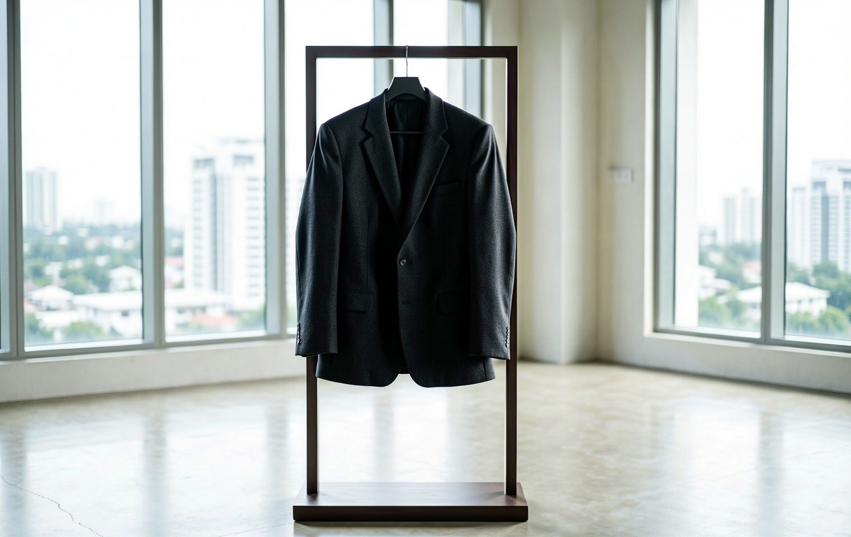 Tailored charcoal blazer on valet stand